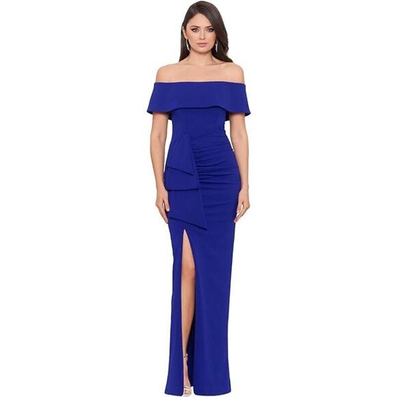 Xscape Women's Off-the-Shoulder Crepe Dress, Marine Blue Size 6 - Picture 1 of 3